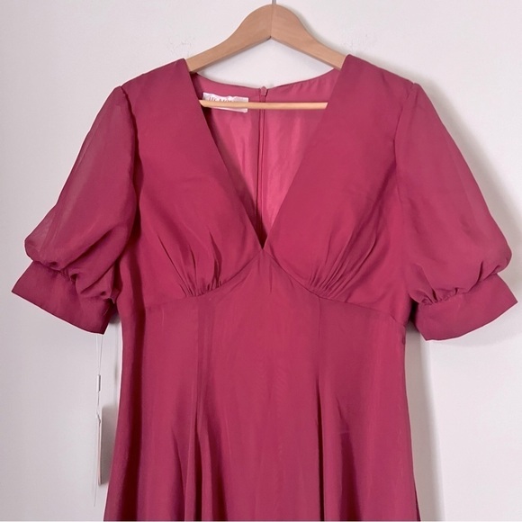 JJ House V-Neck Tea-Length Chiffon Evening Dress with Pleats Mulberry NEW US12 - Picture 5 of 16